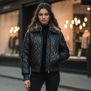 Hudson Outerwear Puffer Bomber Jacket Womens‎ Sz M Black Leather Hooded Quilted